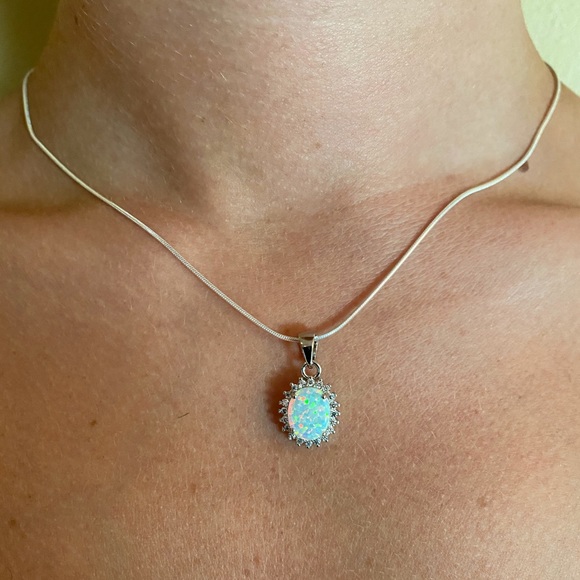 Sterling Silver Lab Created Opal and Cz Necklace - Picture 6 of 16